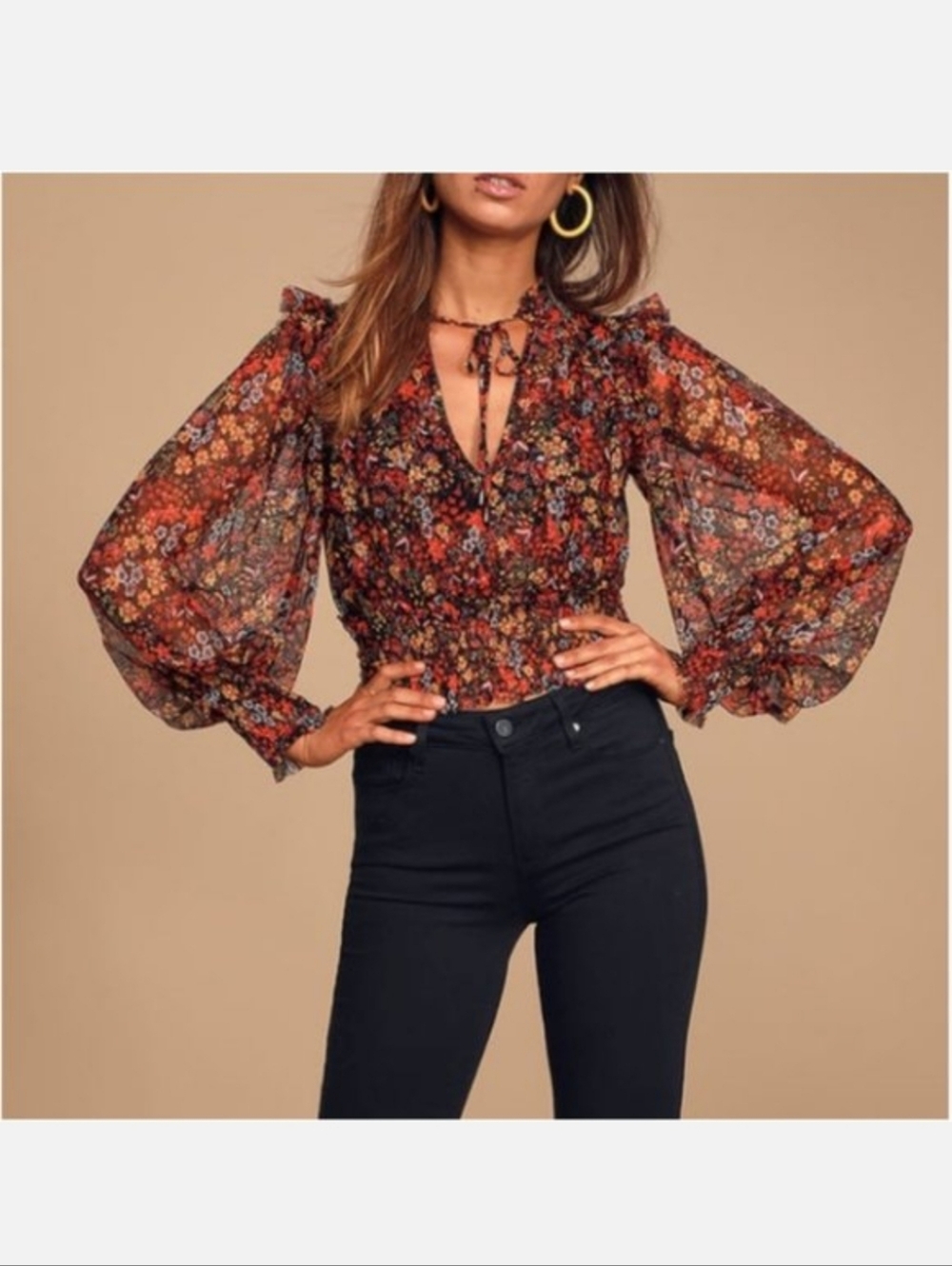 Free People Twyla Smocked Floral Mesh Cropped Top Sheer Size M